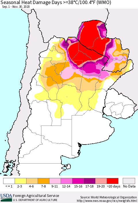 Southern South America Seasonal Heat Damage Days >=38°C/100°F (WMO) Thematic Map For 9/1/2020 - 11/30/2020