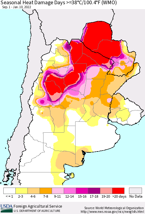 Southern South America Seasonal Heat Damage Days >=38°C/100°F (WMO) Thematic Map For 9/1/2021 - 1/10/2022