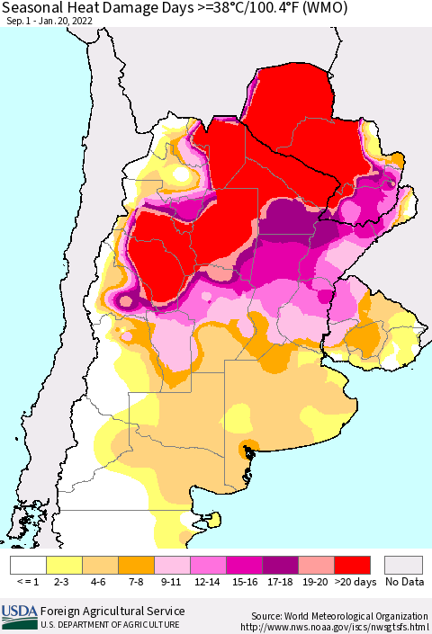 Southern South America Seasonal Heat Damage Days >=38°C/100°F (WMO) Thematic Map For 9/1/2021 - 1/20/2022