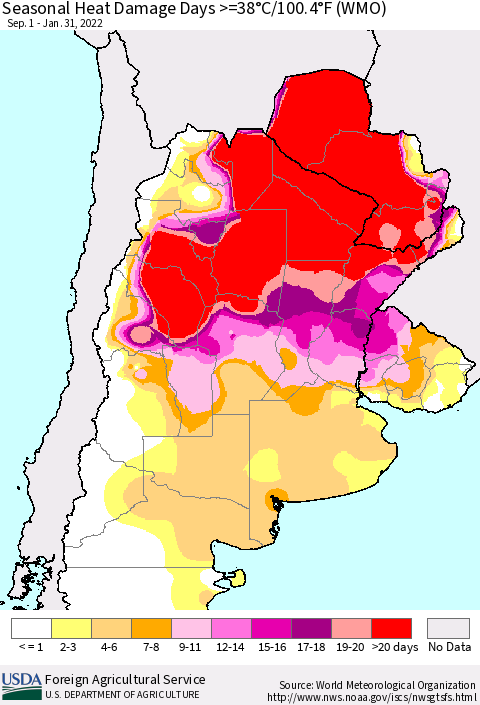 Southern South America Seasonal Heat Damage Days >=38°C/100°F (WMO) Thematic Map For 9/1/2021 - 1/31/2022