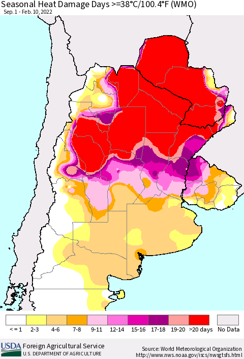 Southern South America Seasonal Heat Damage Days >=38°C/100°F (WMO) Thematic Map For 9/1/2021 - 2/10/2022