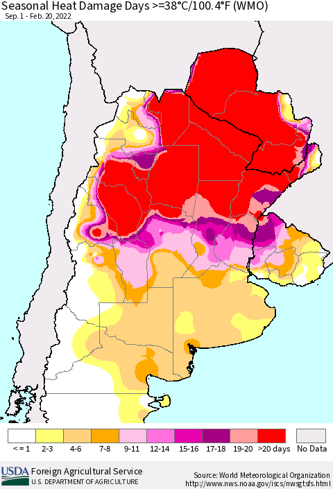 Southern South America Seasonal Heat Damage Days >=38°C/100°F (WMO) Thematic Map For 9/1/2021 - 2/20/2022