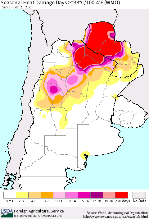 Southern South America Seasonal Heat Damage Days >=38°C/100°F (WMO) Thematic Map For 9/1/2021 - 12/20/2021