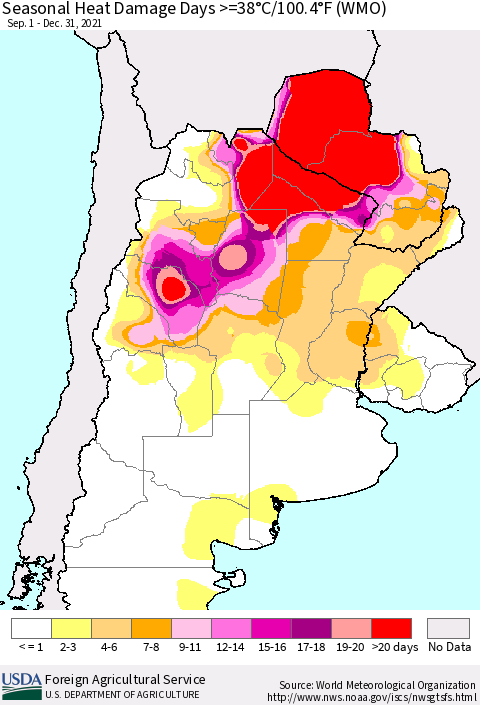 Southern South America Seasonal Heat Damage Days >=38°C/100°F (WMO) Thematic Map For 9/1/2021 - 12/31/2021