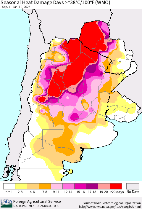 Southern South America Seasonal Heat Damage Days >=38°C/100°F (WMO) Thematic Map For 9/1/2022 - 1/10/2023