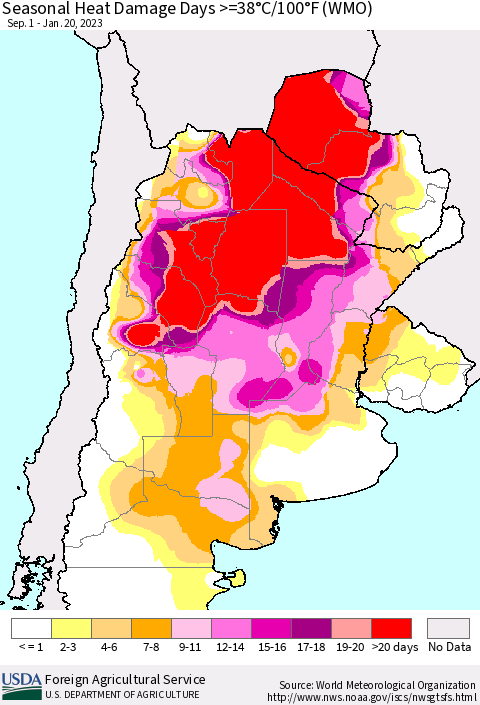 Southern South America Seasonal Heat Damage Days >=38°C/100°F (WMO) Thematic Map For 9/1/2022 - 1/20/2023