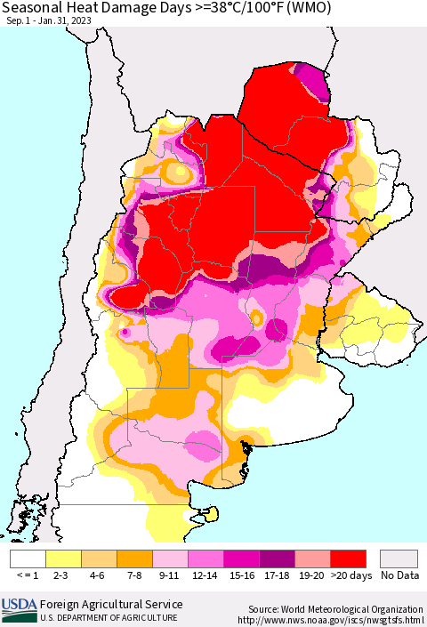Southern South America Seasonal Heat Damage Days >=38°C/100°F (WMO) Thematic Map For 9/1/2022 - 1/31/2023