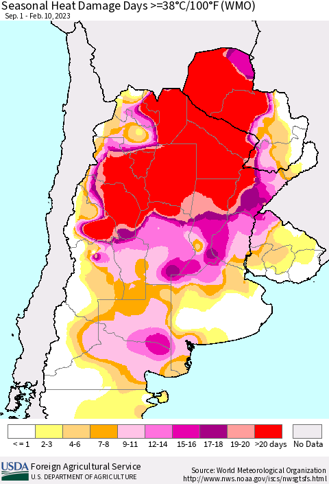Southern South America Seasonal Heat Damage Days >=38°C/100°F (WMO) Thematic Map For 9/1/2022 - 2/10/2023