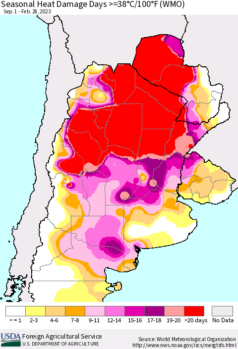 Southern South America Seasonal Heat Damage Days >=38°C/100°F (WMO) Thematic Map For 9/1/2022 - 2/28/2023
