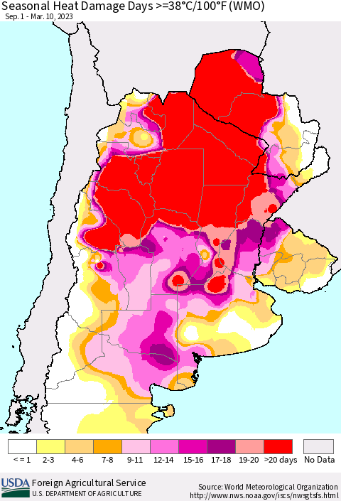 Southern South America Seasonal Heat Damage Days >=38°C/100°F (WMO) Thematic Map For 9/1/2022 - 3/10/2023