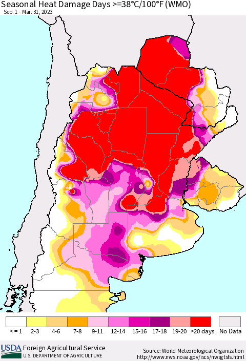 Southern South America Seasonal Heat Damage Days >=38°C/100°F (WMO) Thematic Map For 9/1/2022 - 3/31/2023