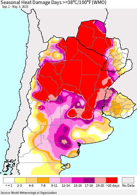 Southern South America Seasonal Heat Damage Days >=38°C/100°F (WMO) Thematic Map For 9/1/2022 - 5/5/2023
