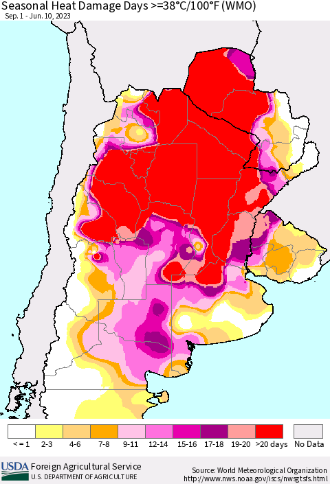 Southern South America Seasonal Heat Damage Days >=38°C/100°F (WMO) Thematic Map For 9/1/2022 - 6/10/2023