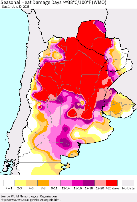 Southern South America Seasonal Heat Damage Days >=38°C/100°F (WMO) Thematic Map For 9/1/2022 - 6/30/2023