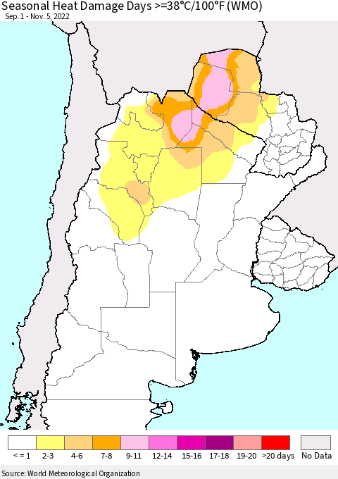 Southern South America Seasonal Heat Damage Days >=38°C/100°F (WMO) Thematic Map For 9/1/2022 - 11/5/2022
