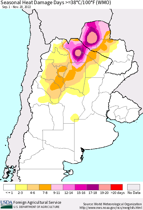 Southern South America Seasonal Heat Damage Days >=38°C/100°F (WMO) Thematic Map For 9/1/2022 - 11/20/2022
