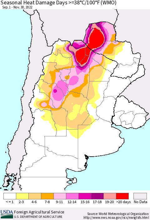 Southern South America Seasonal Heat Damage Days >=38°C/100°F (WMO) Thematic Map For 9/1/2022 - 11/30/2022