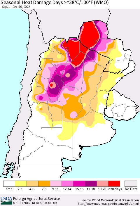 Southern South America Seasonal Heat Damage Days >=38°C/100°F (WMO) Thematic Map For 9/1/2022 - 12/10/2022