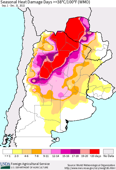 Southern South America Seasonal Heat Damage Days >=38°C/100°F (WMO) Thematic Map For 9/1/2022 - 12/31/2022