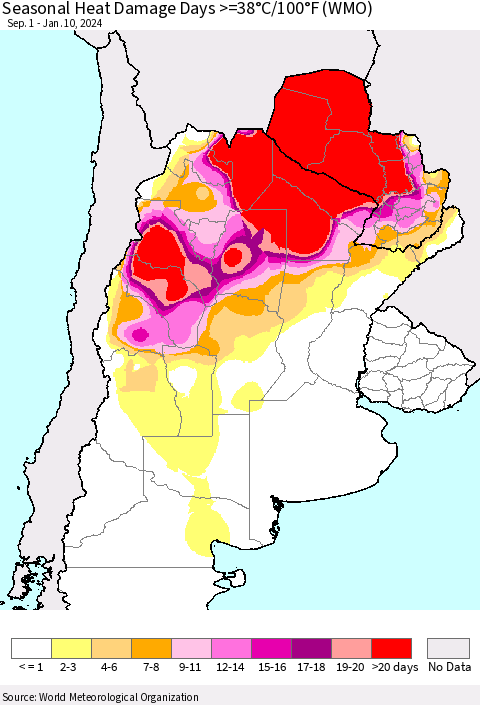 Southern South America Seasonal Heat Damage Days >=38°C/100°F (WMO) Thematic Map For 9/1/2023 - 1/10/2024