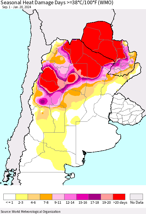Southern South America Seasonal Heat Damage Days >=38°C/100°F (WMO) Thematic Map For 9/1/2023 - 1/20/2024