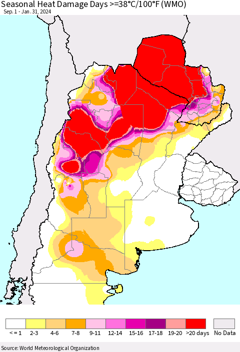 Southern South America Seasonal Heat Damage Days >=38°C/100°F (WMO) Thematic Map For 9/1/2023 - 1/31/2024
