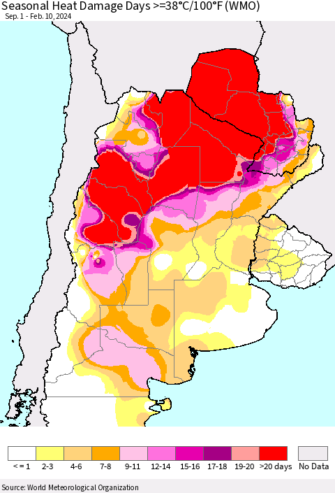 Southern South America Seasonal Heat Damage Days >=38°C/100°F (WMO) Thematic Map For 9/1/2023 - 2/10/2024
