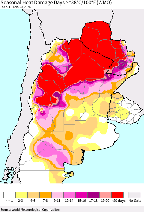 Southern South America Seasonal Heat Damage Days >=38°C/100°F (WMO) Thematic Map For 9/1/2023 - 2/20/2024