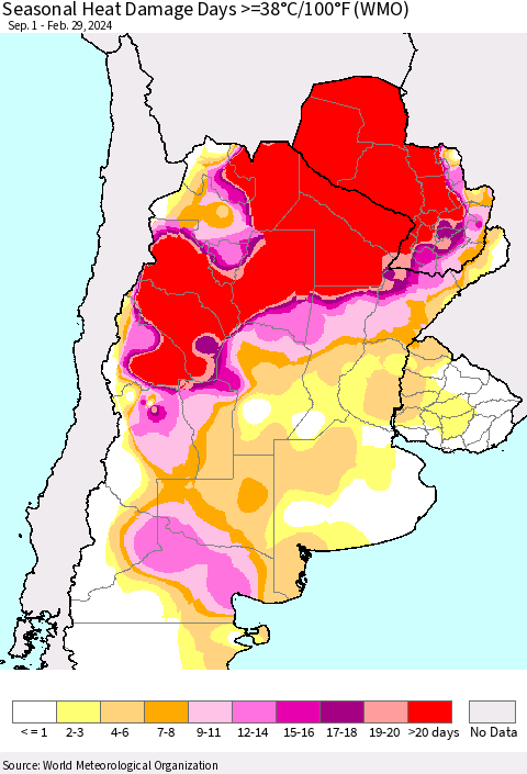 Southern South America Seasonal Heat Damage Days >=38°C/100°F (WMO) Thematic Map For 9/1/2023 - 2/29/2024
