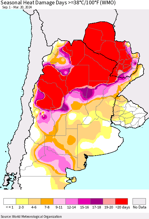 Southern South America Seasonal Heat Damage Days >=38°C/100°F (WMO) Thematic Map For 9/1/2023 - 3/20/2024