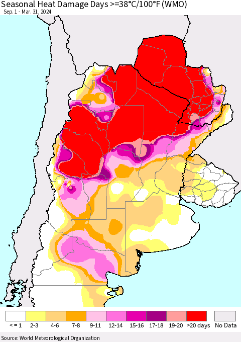 Southern South America Seasonal Heat Damage Days >=38°C/100°F (WMO) Thematic Map For 9/1/2023 - 3/31/2024