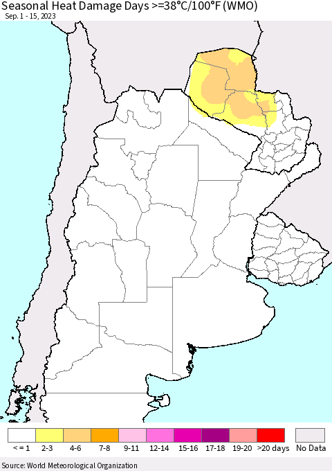 Southern South America Seasonal Heat Damage Days >=38°C/100°F (WMO) Thematic Map For 9/1/2023 - 9/15/2023
