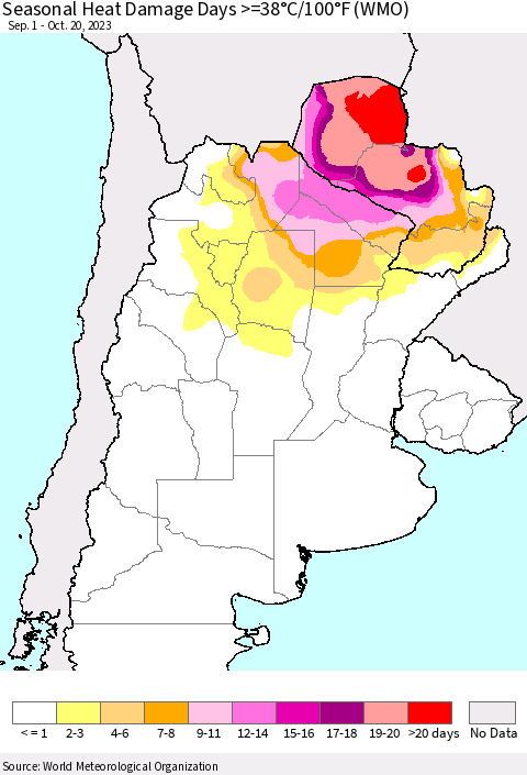 Southern South America Seasonal Heat Damage Days >=38°C/100°F (WMO) Thematic Map For 9/1/2023 - 10/20/2023