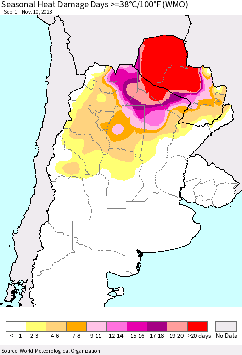 Southern South America Seasonal Heat Damage Days >=38°C/100°F (WMO) Thematic Map For 9/1/2023 - 11/10/2023