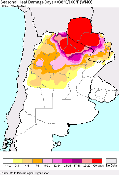 Southern South America Seasonal Heat Damage Days >=38°C/100°F (WMO) Thematic Map For 9/1/2023 - 11/20/2023