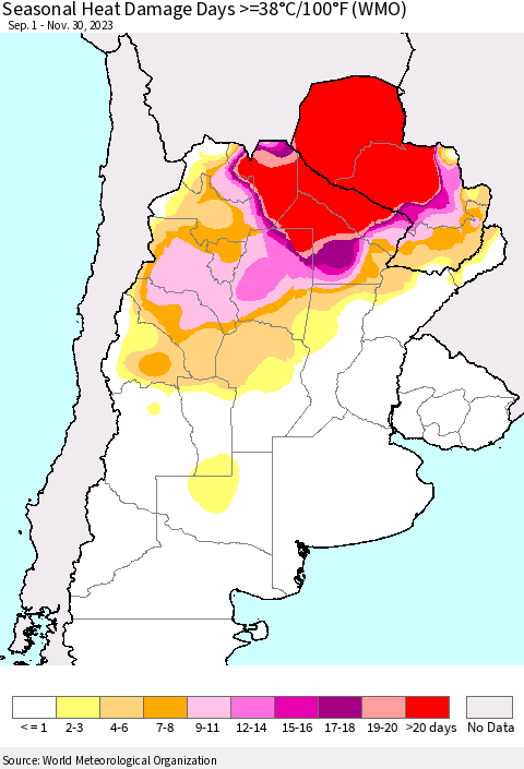 Southern South America Seasonal Heat Damage Days >=38°C/100°F (WMO) Thematic Map For 9/1/2023 - 11/30/2023