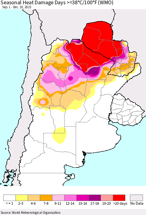 Southern South America Seasonal Heat Damage Days >=38°C/100°F (WMO) Thematic Map For 9/1/2023 - 12/10/2023