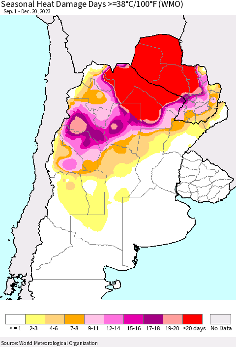 Southern South America Seasonal Heat Damage Days >=38°C/100°F (WMO) Thematic Map For 9/1/2023 - 12/20/2023