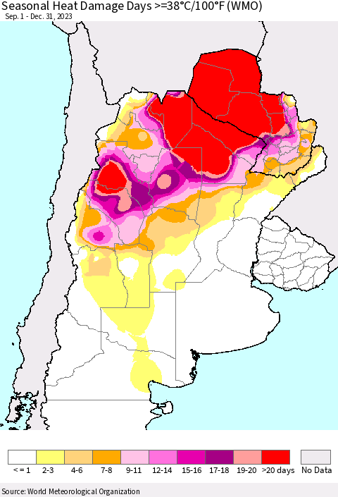 Southern South America Seasonal Heat Damage Days >=38°C/100°F (WMO) Thematic Map For 9/1/2023 - 12/31/2023