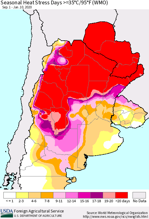 Southern South America Seasonal Heat Stress Days >=35°C/95°F (WMO) Thematic Map For 9/1/2019 - 1/10/2020