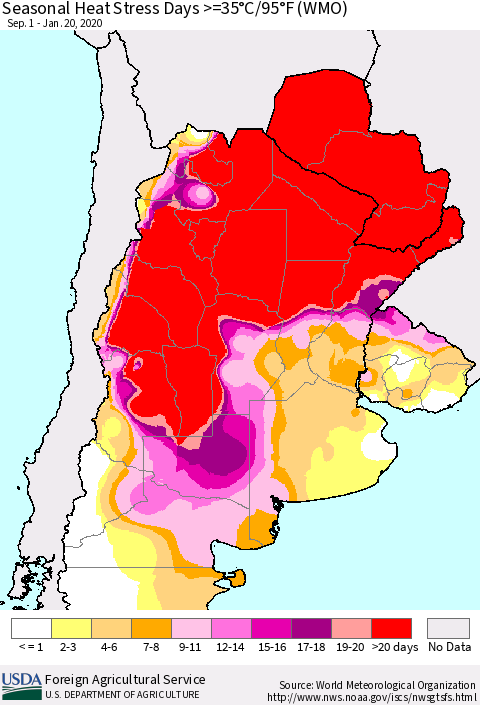 Southern South America Seasonal Heat Stress Days >=35°C/95°F (WMO) Thematic Map For 9/1/2019 - 1/20/2020