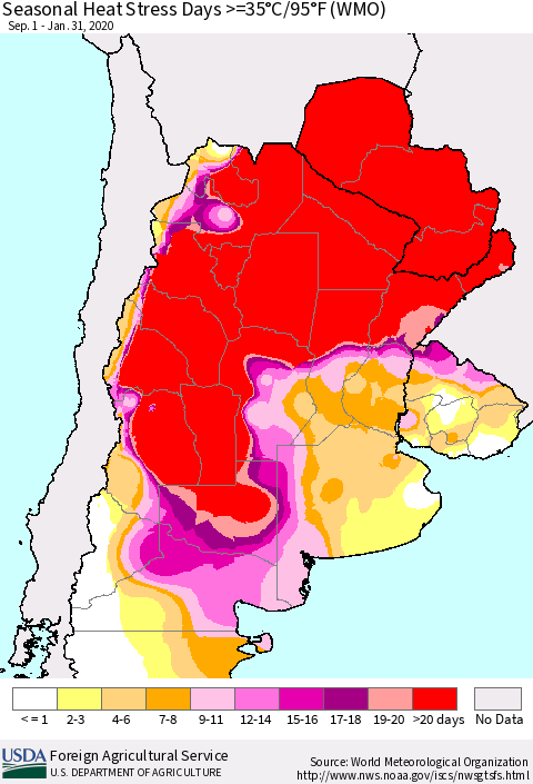 Southern South America Seasonal Heat Stress Days >=35°C/95°F (WMO) Thematic Map For 9/1/2019 - 1/31/2020
