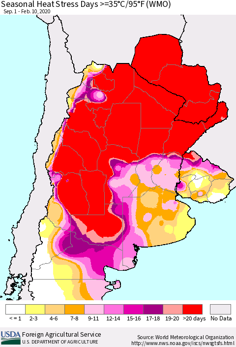 Southern South America Seasonal Heat Stress Days >=35°C/95°F (WMO) Thematic Map For 9/1/2019 - 2/10/2020
