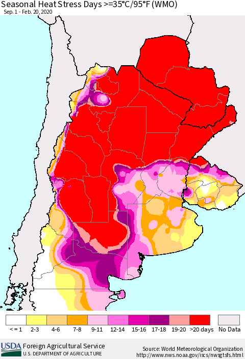 Southern South America Seasonal Heat Stress Days >=35°C/95°F (WMO) Thematic Map For 9/1/2019 - 2/20/2020