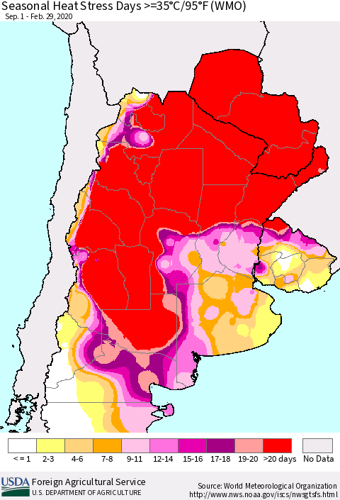 Southern South America Seasonal Heat Stress Days >=35°C/95°F (WMO) Thematic Map For 9/1/2019 - 2/29/2020