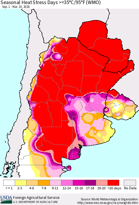 Southern South America Seasonal Heat Stress Days >=35°C/95°F (WMO) Thematic Map For 9/1/2019 - 3/10/2020