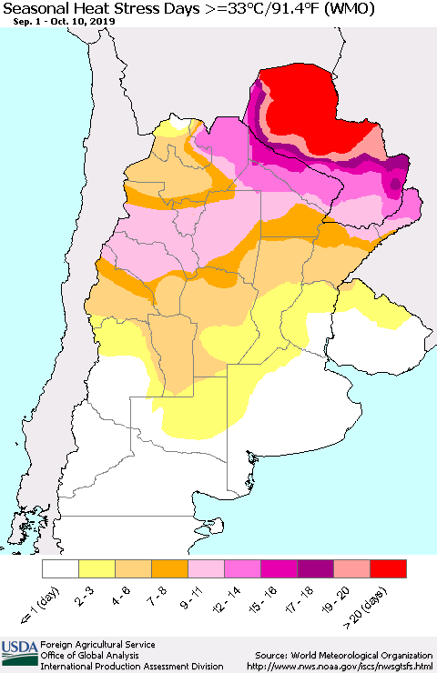 Southern South America Seasonal Heat Stress Days >=35°C/95°F (WMO) Thematic Map For 9/1/2019 - 10/10/2019