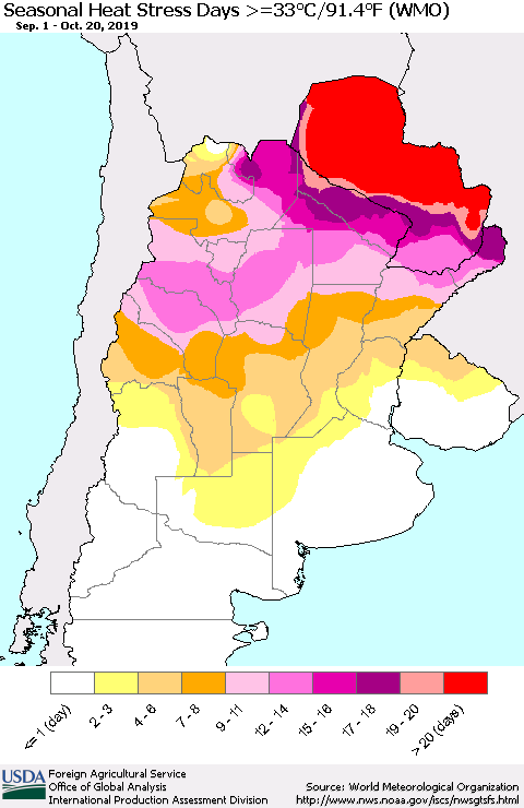 Southern South America Seasonal Heat Stress Days >=35°C/95°F (WMO) Thematic Map For 9/1/2019 - 10/20/2019