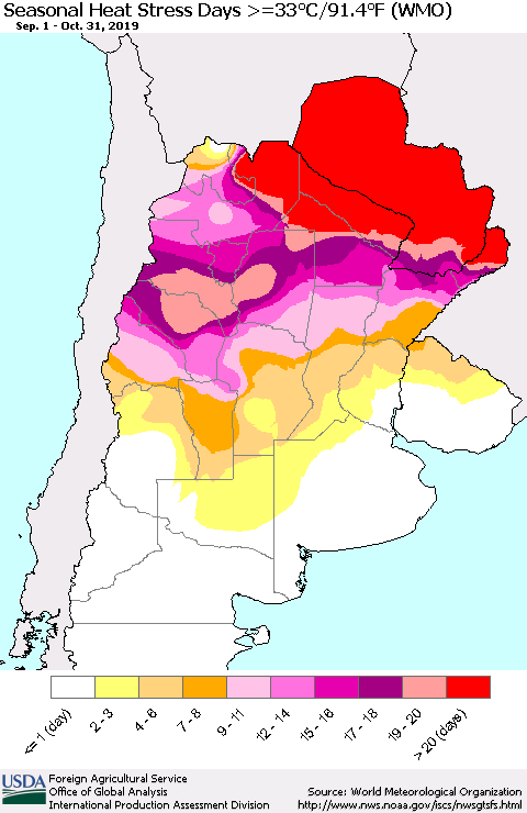 Southern South America Seasonal Heat Stress Days >=35°C/95°F (WMO) Thematic Map For 9/1/2019 - 10/31/2019