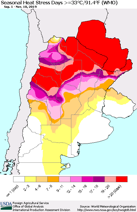 Southern South America Seasonal Heat Stress Days >=35°C/95°F (WMO) Thematic Map For 9/1/2019 - 11/10/2019